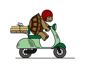 turtle is riding a scooter; slow delivery; cute turtle in a helmet carries boxes on a moped; cardboard boxes; symbol of slowness; modern flat vector illustration isolated on white background.