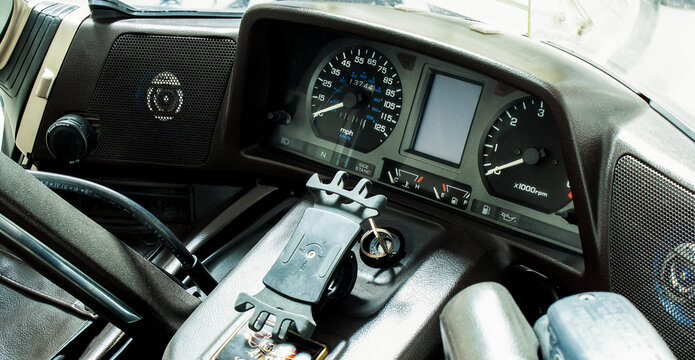 Dashboard of motorcycle steering wheel close-up. Moto handles, with windshield, mirrors, speaker, speedometer, audio control buttons. Photo in vintage style of large motorbike. Banner for web site