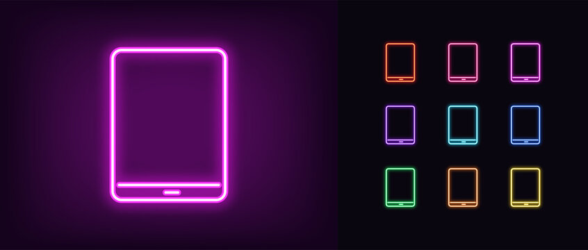 Neon tablet icon. Glowing neon tablet sign, set of isolated device