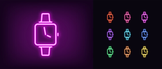 Neon smart watch icon. Glowing neon smartwatch sign, set of isolated wristwatch
