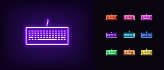 Neon keyboard icon. Glowing neon keyboard sign, set of isolated gaming device