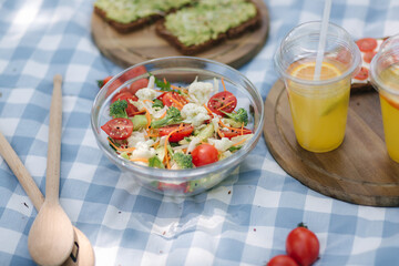 Fresh vegan salad outdoors on blue checkered napkin. Vegan food concept outdoor