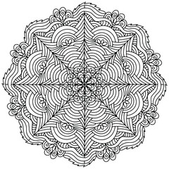 mandala with abstract ornaments and drawn flowers on a white background for coloring, vector