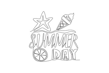 One single line drawing of cute and cool travel holiday typography quote - Summer Day. Calligraphic design for print, card, banner, poster. Continuous line graphic draw design vector illustration