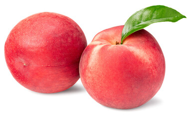 peach fruits with green leaf isolated on white background