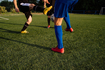 Fototapeta premium Soccer players play football on soccer field