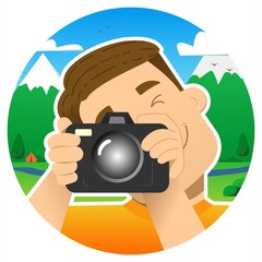 tourist, traveler, climber; smiling guy with a camera in the mountains, against the backdrop of the mountains; photographs by squeezing 1 eye