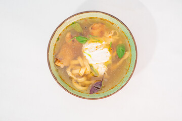 Ramen with chicken. Tasty japanese food on white background