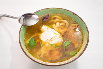 Ramen with chicken. Tasty japanese food on white background