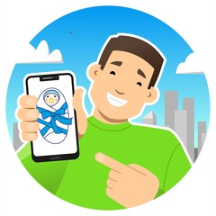 Smiling guy with a phone. Shows the phone screen, points to it with a finger. Newborn on the screen. He became a father, a son was born, a nephew. Round icon.