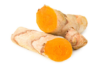 Turmeric root with turmeric slices isolated on white background