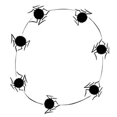 Round Frame of cute little spiders on web. Halloween vector background. Black and white, isolated, hand drawn illustration