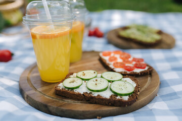 Picnic basket with healthy vegan sandwiches on blue checkered blanket in park. Fresh fruits, vegetables and orange juise. Vegan picnic concept