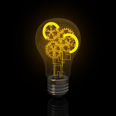 Lightbulb with gears glowing in dark style of cyberpunk. Technological idea, thinking, AI innovation, research and development. 3D strategy inspiration black background.