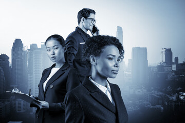 Group of three business colleagues in suits dreaming about new career opportunities after MBA...