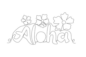 One continuous line drawing of cute and cool travel holiday typography quote - Aloha. Calligraphic design for print, greeting card, banner, poster. Single line draw design graphic vector illustration © Simple Line