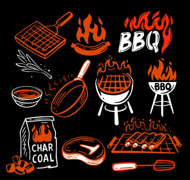 bbq stickers and emblems of grills and meat