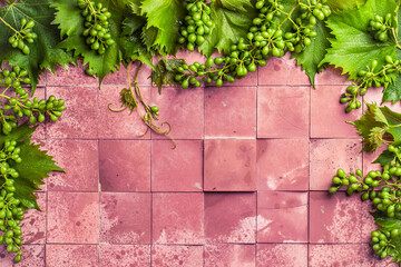 Hintergrund mit Weintrauben, Weinblättern und Weintrauben in rot