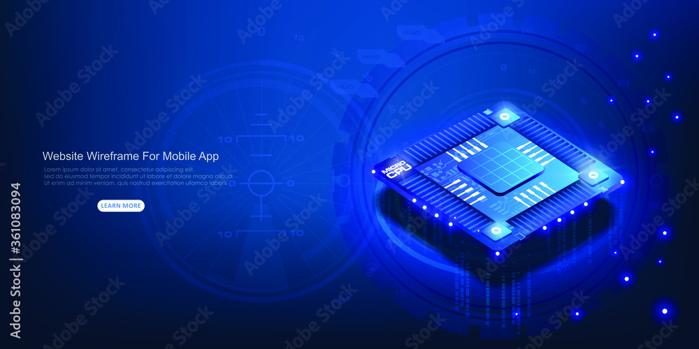 Poster futuristic neon microprocessor on blue background. microchip for data exchange. powerful computing p