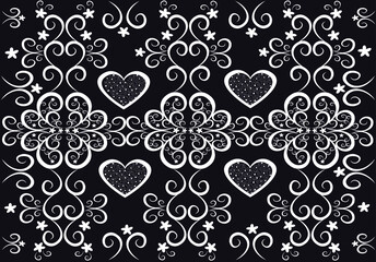 Repeating abstract background with hearts and flowers. Black and white. It can be used for printing on fabric, postcards, business cards, notebook covers

