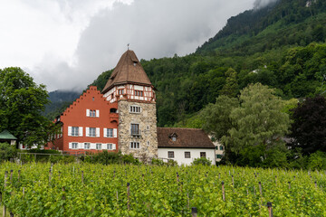 horizontal view of the historic 13th-century Red House in Vaduz in Liechtenstein