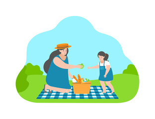 Vector illustration concept in flat cartoon style. Happy young adult mother sits on checkered plaid and gives cute daughter apple from picnic backet. Family positive summer holidays outdoors.