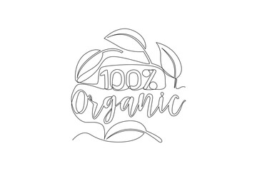 Single continuous line drawing of eco green and natural food typography quote - 100% Organic. Calligraphic design for print, card, banner, poster. One line draw graphic design vector illustration