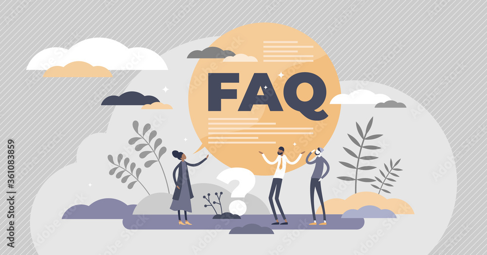Aufkleber faq support as frequently asked questions help in flat tiny persons concept