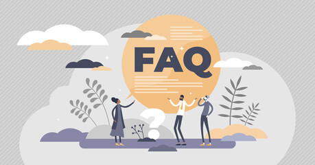 FAQ support as frequently asked questions help in flat tiny persons concept - obrazy, fototapety, plakaty