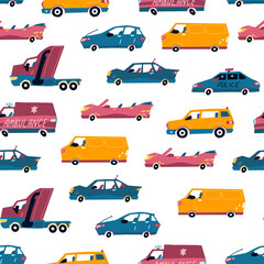 Seamless pattern of urban vehicles. Cartoon transportation background for kids. Doodle children toy cars illustration. Vector