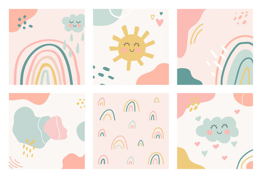 Hand drawn unique organic shapes composition. Set of six cute kids nursery backgrounds. Contemporary modern design. Minimal stylish cover template in pastel colors. Vector illustration
