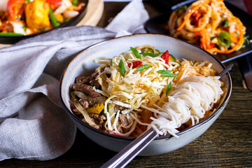 Korean traditional food on table with noodles and meat