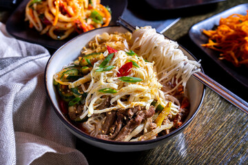 Korean traditional food on table with noodles and meat