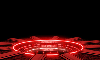 The charging station, red glow technology, metal base with rust stains, dark background, and black .3D Rendering