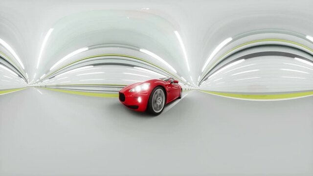360 degrees panorama. red sport car in a tunnel. fast driving. 3d animation.