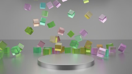 Many colored glass boxes fell to the ground. And there is a circle pad for placing the product Or product display. display stand, abstract mockup for showcase, and copyspace.
