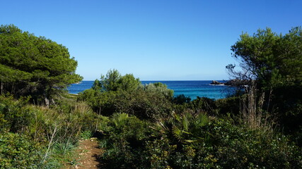 the start of the hiking trail from the Cala Agulla to the Cala Mesquida, Mallorca, Spain, in the month of January