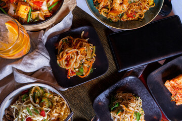 Korean traditional food on table with noodles and meat