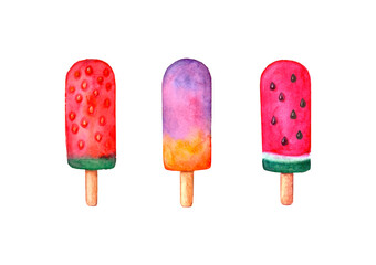 Watercolor fruit ice cream set isolated on white background.