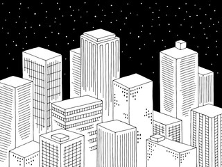Fototapeta premium City night graphic black white cityscape top view from above aerial sketch illustration vector