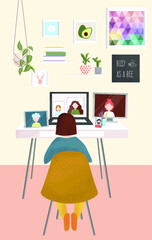 Womаn is sitting at the desk and working with a laptop. Work at home illustration. Vector flat illustration in muted, pastel tones with texture.