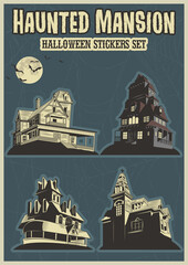 Hauted Mansions, Old Houses Halloween Illustration Set, Full Moon, Bats, Cobweb