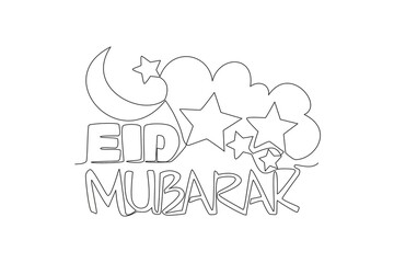 One continuous line drawing of Happy Eid Al Fitr Mubarak and Ramadan Kareem concept. Islamic holiday calligraphic design for print, greeting card, banner, poster. Single line draw design illustration