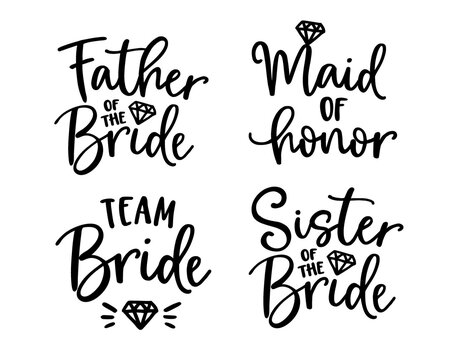 Wedding lettering set. Black hand lettered quotes with diamond rings for greeting cards, gift tags, labels. Typography collection. Love concept. Isolated vector illustrations. Broom and bride design.