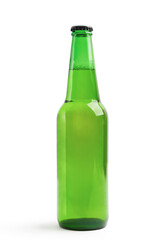 Closeup green glass bottle of beer or soft drink isolated on white