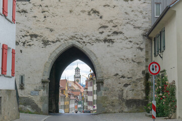 view of the Blaserturm Tower through the Obertor Gate in Ravensburg in southern Germany