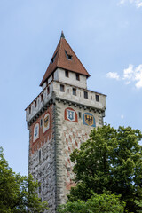 view of the historic "Gemalter Turm" or painted tower in the city of Ravensburg in southern Germany
