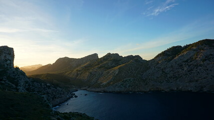 the sunset at the Cap Formentor, Port Pollenca, on the island Mallorca, Spain, in the month of January