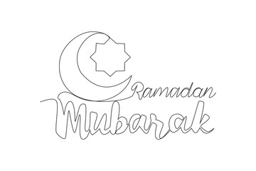 One continuous line drawing of Happy Eid Al Fitr Mubarak and Ramadan Kareem concept. Islamic holiday calligraphic design for print, greeting card, banner, poster. Single line draw design illustration