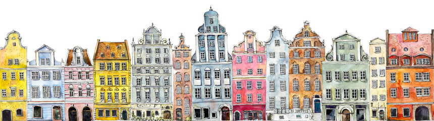 Multi-colored retro and vintage old-fashioned houses. Amsterdam. Watercolor hand drawing illustration - obrazy, fototapety, plakaty